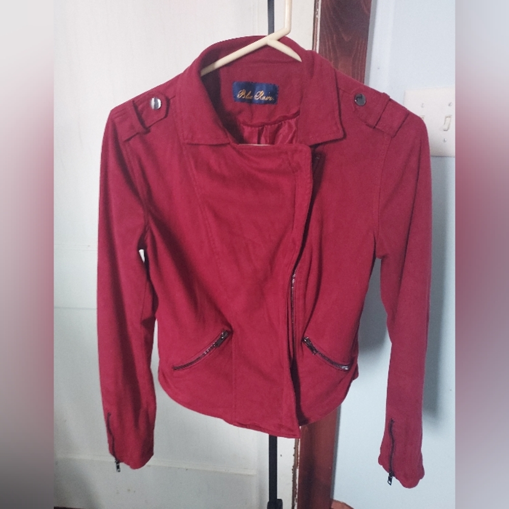 Red faux suede moto jacket